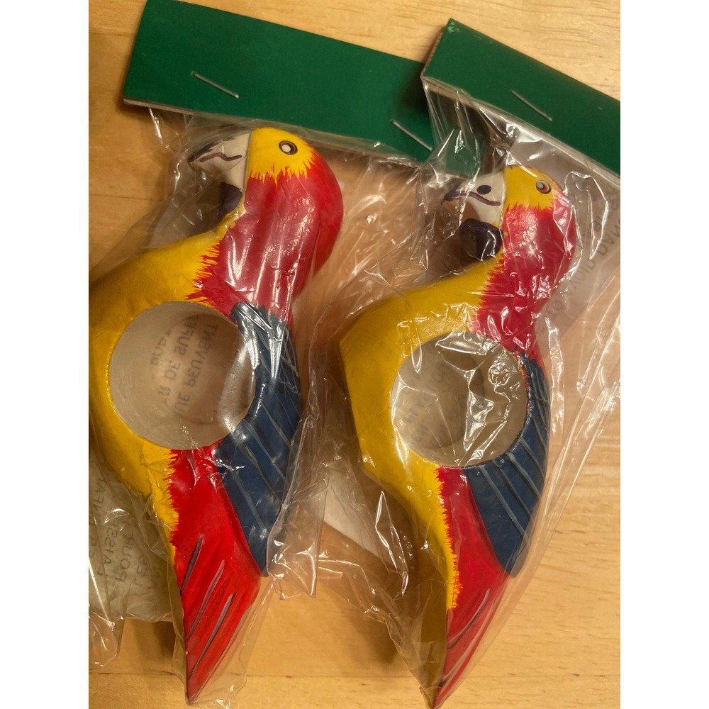 Vintage Parrot Napkin Rings Set Of 2 Tropical Tiki 1980s New In Pkg Regal Cards